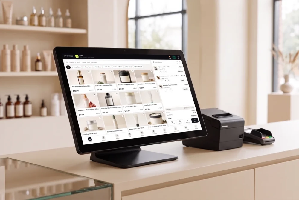 Caja VoVi con catálogo de productos, impresora de recibos y terminal de tarjetas externo